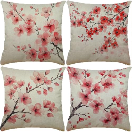 Funda Cojin rosa Paquete de 4 75x75cm Flor durazno Cojines para Sofa Fundas de Cojín Cuadradas Fundas de cojín de Lino con de dos Caras Estampado para Sofá, Estar, Dormitorio, Festival Regalo XW-176