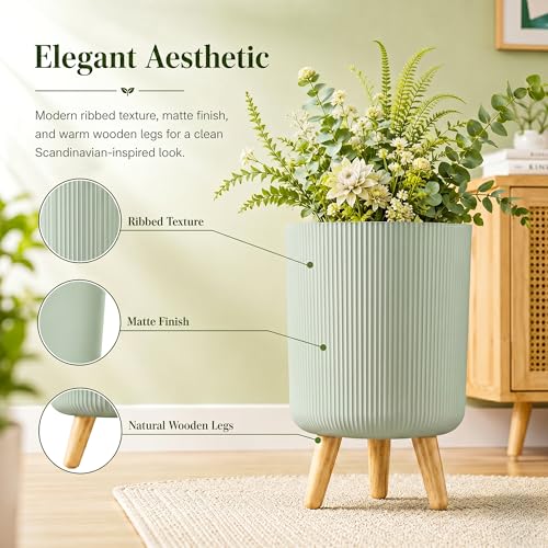 Image of Eightiz Store Modern Light Green Flower Pot with Plastic Legs | Indoor Outdoor Planter for Home Garden Balcony Decor Ribbed Design Sturdy Plastic Mid-Century Style (Light Green, Pack of 2)