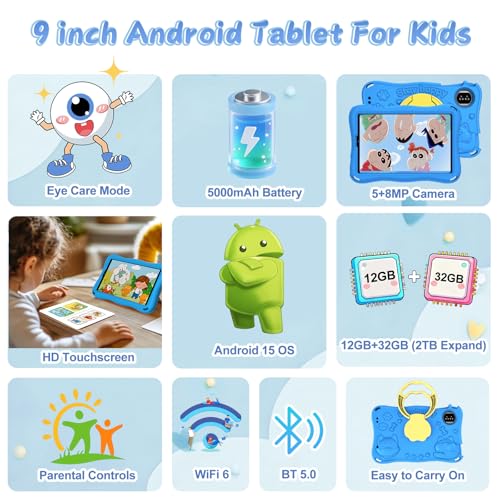 Image of Kids Tablet, Android 15 Tablets for Kids with Octa-Core, 9 inch Toddler Tablet with 12GB 32GB 2TB Expand, 1340*800 IPS Display, Drop-proof EVA Case, Parental Control, Dual Camera, WiFi 6 - Blue