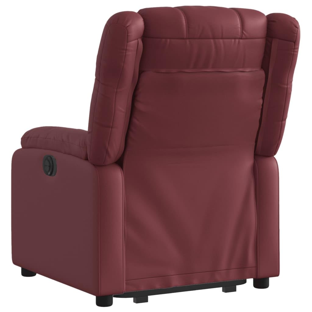 Fauteuil rehausseur inclinable en similicuir rouge vin avec moteur électrique et inclinaison manuelle à 135 degrés pour une assise confortable et un levage assisté