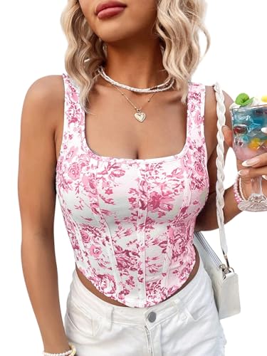 Image of mikuchiku Women's Floral Corset Tank Top, Printed, Sleeveless Crop Top