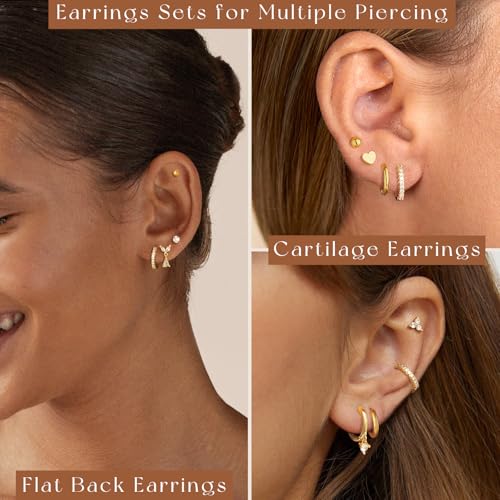 adoyi Hypoallergenic Surgical Steel Earrings for Sensitive Ears 14K Gold Plated Samll Huggie Hoops Earrings Flat Back Studs Stainless Steel Cartilage Earrings for Women Men Multiple Piercing4