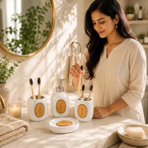 Image of Market99 Ceramic Bathroom Set Glossy White with Sophisticated Classic Text Pattern, Includes Soap Dispenser, Tumbler, Toothbrush Holder, and Soap Dish for Coordinated Bathroom Style, 400 ML Capacity