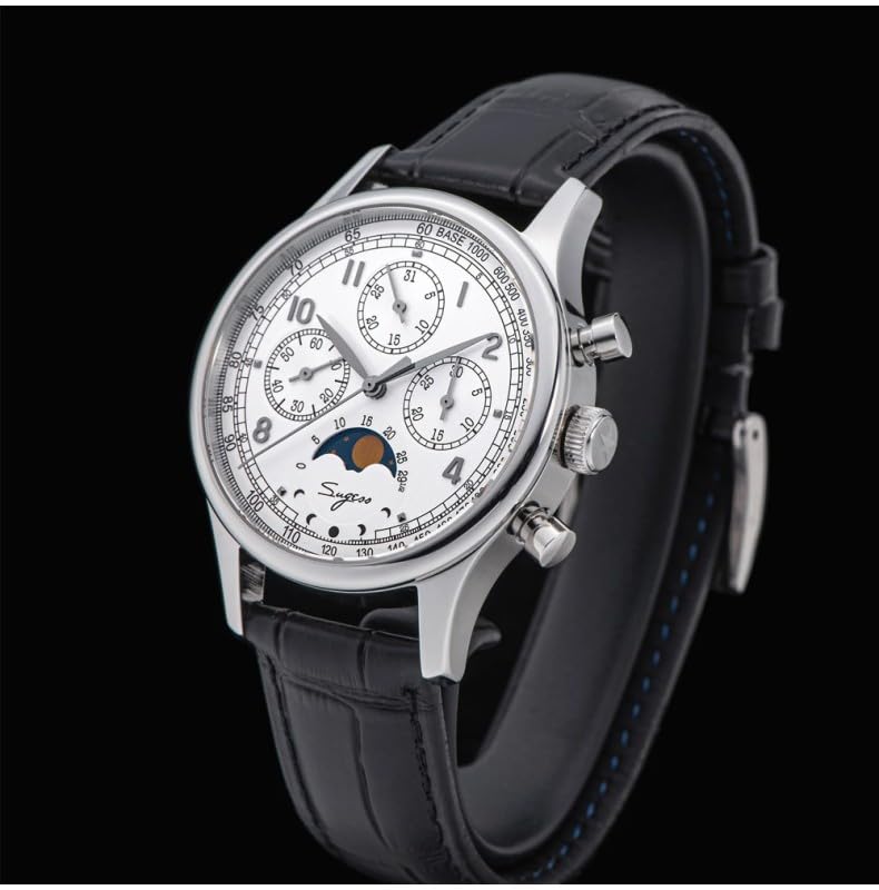 Seestern Sugess S389 Fase Lunare Crono Meccanico Acciaio Bianco Nero Pelle Orologio Uomo