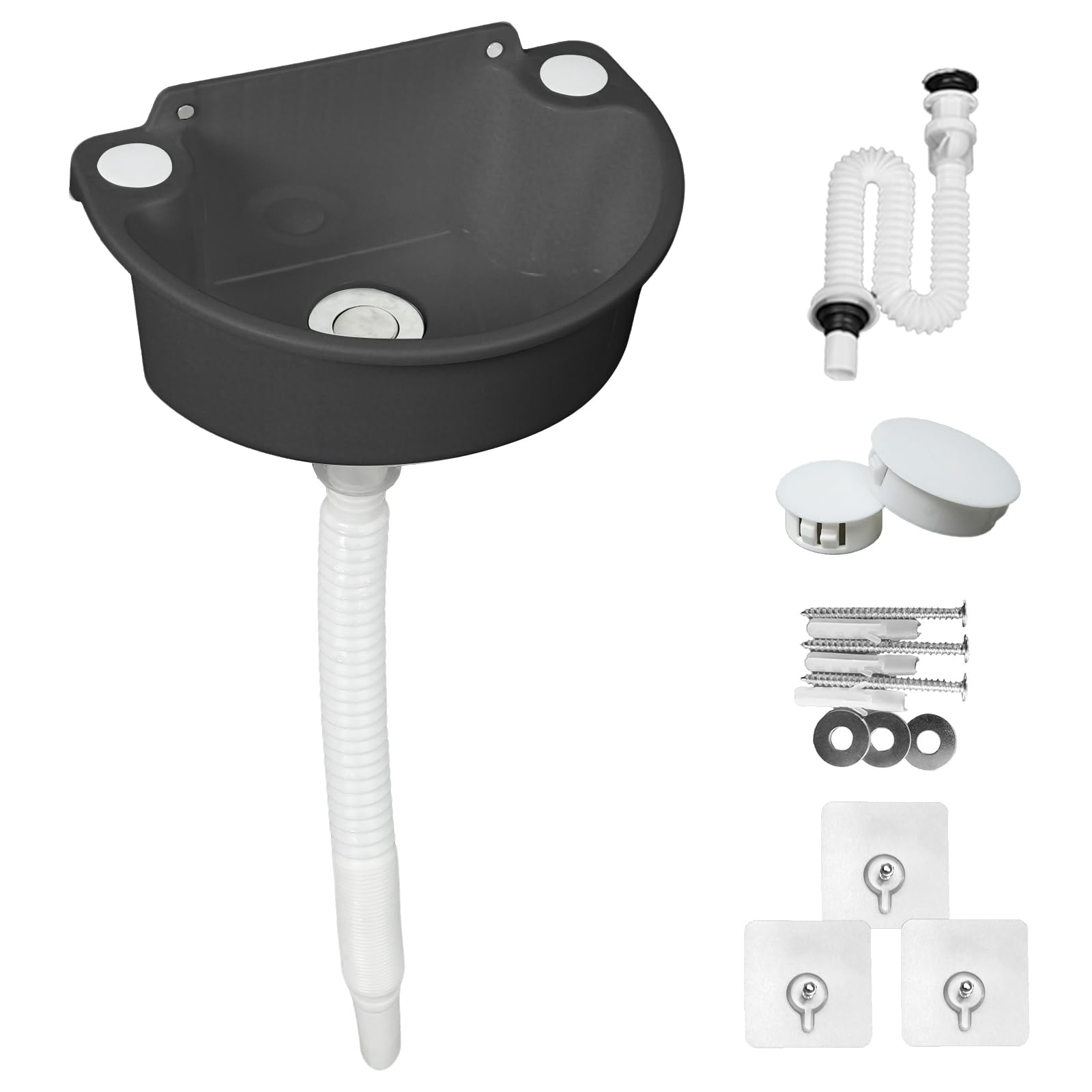 Lavandino in plastica, lavandino con scarico, piccoli lavandini sospesi con accessori di scarico, lavandino per camper per campeggio, giardino, cantina, cantiere WC (Grigio)