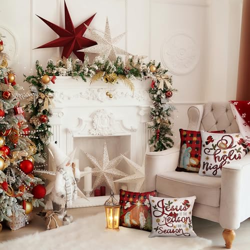 Lofaris Christmas O Holy Night Jesus Cardinal Buffalo Plaid Throw Pillow Covers, 18 X 18 Inch, Set Of 4 – Xmas Pillow Cases With Nativity Designs For Living Room thumb #1