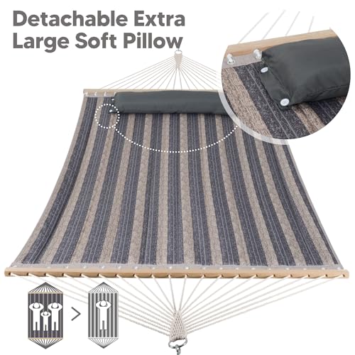 Image of SUNCREAT Double Quilted Hammock with Hardwood Spreader Bar, Extra Large Soft Pillow, Heavy Duty 2 Person Hammock for Indoor, Outdoor, Gray Stripes