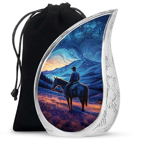 Casketique Cowboy Teardrop Urn - Blue Cremation Urns for Human Ashes - Landscape Memorial Urn for Ashes for Women & Man - 10 Inch Large Decorative Sympathy Gift for Funeral & Burial