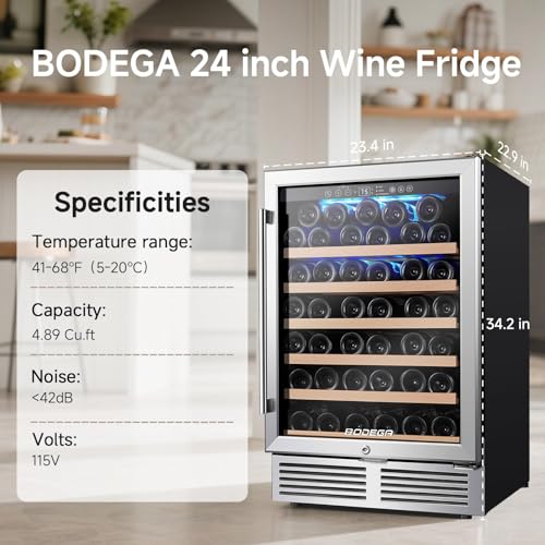 Image of BODEGA 24 Inch Single Zone Wine Fridge with App Control, Holds 52 Bottles | 41 F to 68 F Temperature Range, Noise Level Below 42 dB, Activated Carbon Air Filter, Built-in or Freestanding Installation