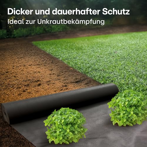 Praknu Unkrautvlies 100g/m2 Extra Stark - 50m2 - Unkrautfolie mit 24 Erdankern - Wasserdurchlässig & Reißfest - UV Stabil