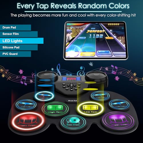 Image of Electronic Drum Set Potable Drum Set Volume Control Electric Drum Set MIDI Drum Pad with 2 Built-in Stereo Speakers Foot Pedals, Sticks Christmas& Birthday Gift Can Record Tracks (Drum Songs Included)