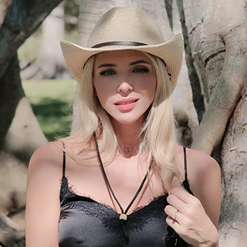 Lanzom Women Men Summer Western Straw Cowboy Cowgirl Hat Shapeable Wide Brim Staw Beach Sun Hat (Medium, Beige 1) #TOP4