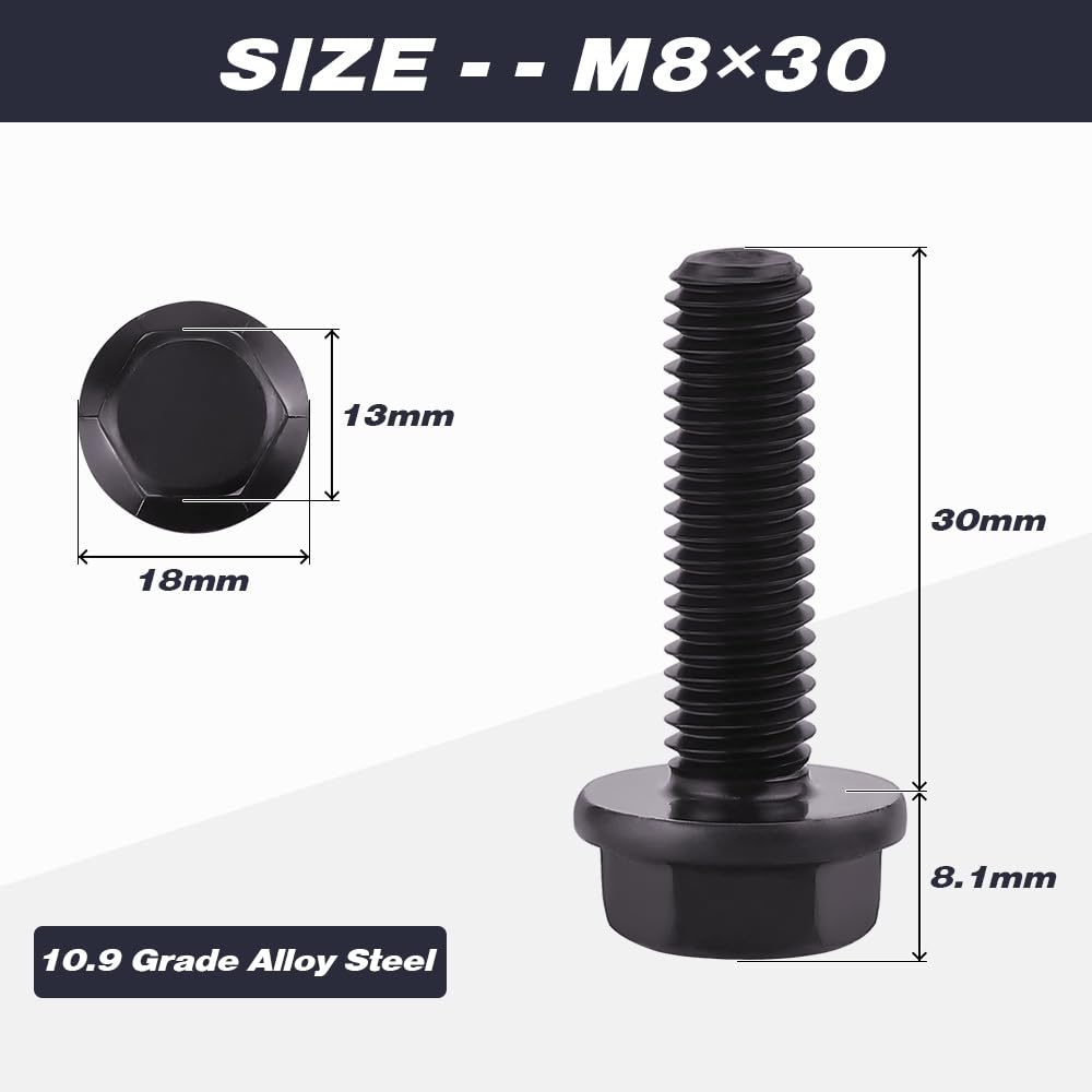 Tornillos hexagonales con brida M8-1,25 x 30 mm (15 piezas) acabado de óxido negro, acero de aleación de grado 10,9, cabeza de arandela de brida grande, DIN6921/GB5789