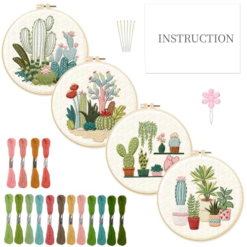Image of INFUNLY 4pcs Cactus Embroidery Kit Embroidery Starter Kits Cactus Cross Stitch Kits for Adults Stamped Embroidery Set with Patterns Embroidery Kit for Beginners Instruction Included