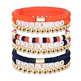 NLCAC 9 Pack Game Day Bracelets Stackable Heishi Beaded Stretchy Bracelet Preppy Jewelry Baseball Football Team Bracelets Sports Fan Accessories Gifts (Navy Orange)