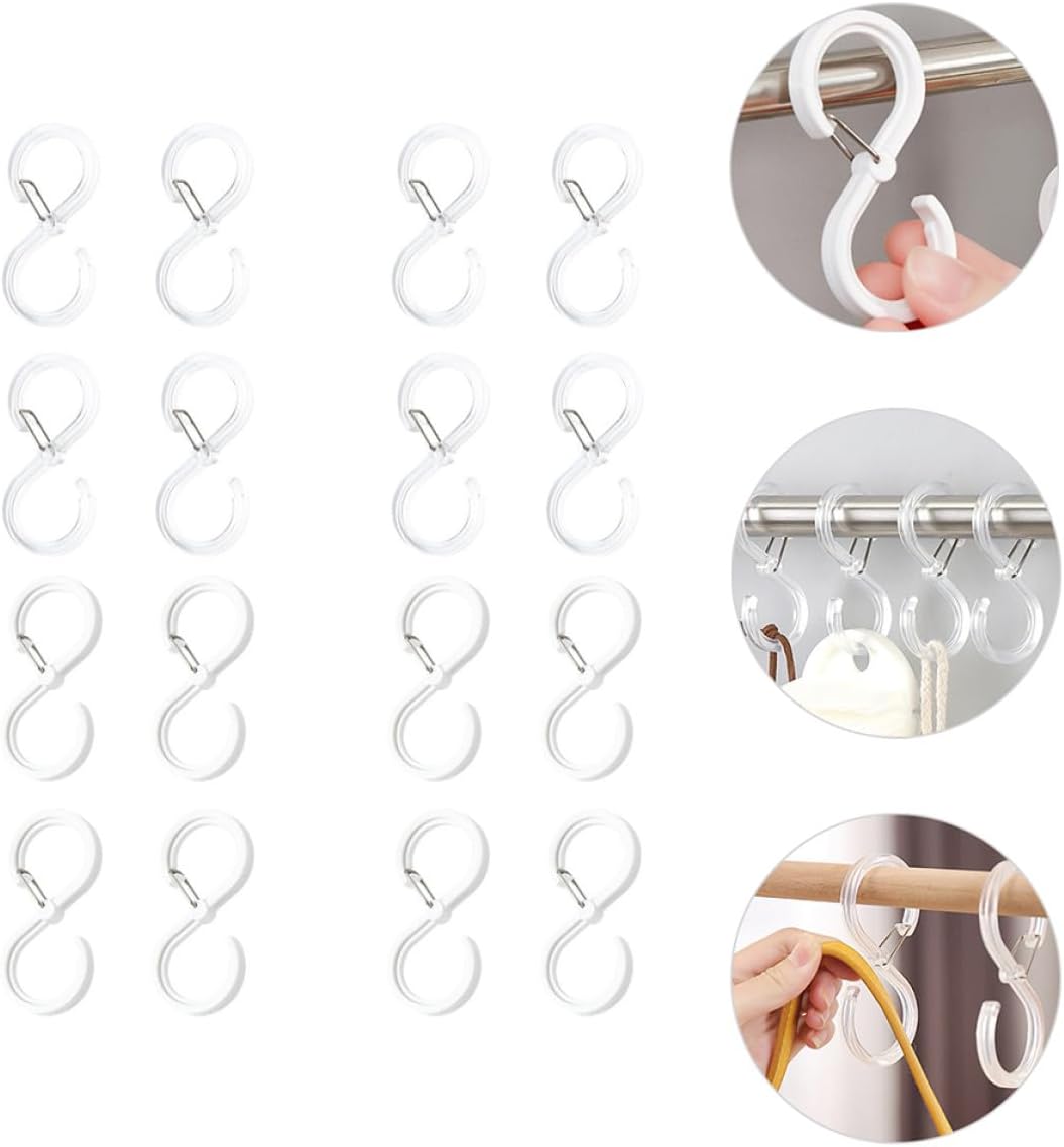 16pcs S-Shaped Locked Shower Curtain Hooks with Metal Locking Clips, White, Bathroom Curtain Hangers for Rods, Anti-Drop Design for Home and Bathroom Use
