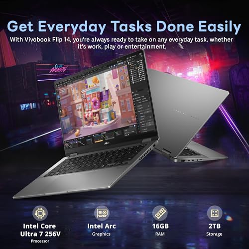 Image of ASUS Vivobook Flip 14 inch 2-in-1 WUXGA Touch Laptop, Intel Ultra 7 256V, 16GB LPDDR5, 2TB Storage (1TB SSD+1TB Docking Station), Intel Arc Graphics, Backlit Keyboard, Webcam, Wi-Fi 7, Win 11, Gray