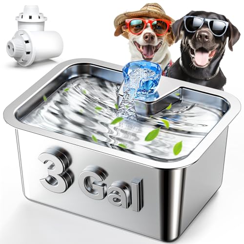 Stainless Steel Dog Water Fountain for Large Dogs, PETNF 3 Gallon Big Pet Water Fountain with 2 Filters, Dog Water Bowl Dispenser Cat Drinking Fountain Inside for Multiple Pets, Easy to Assemble&Clean
