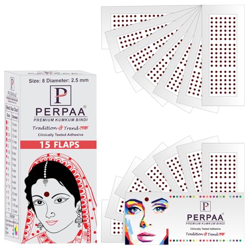 Image of PERPAA Premium Velvet Sticker Kumkum Bindi Box of 15 Flaps - Pottu for Women,Ladies, Girls (Size 8, Diameter 2.5mm, Dark Maroon)