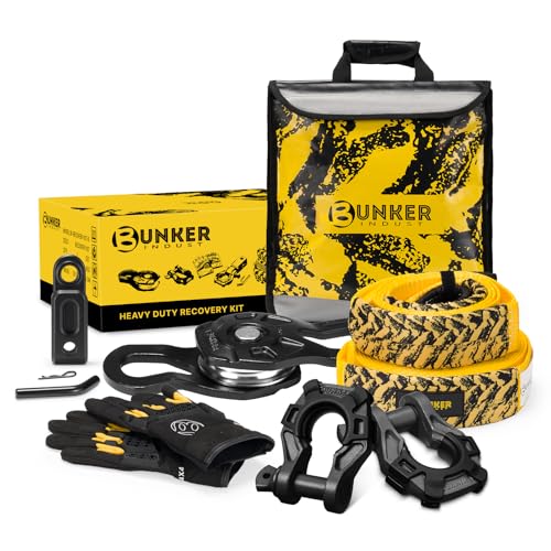 BUNKER INDUST Off Road Recovery Kit, Includes 30ft+10ft Tow Strap, Snatch Block, D-Ring Shackles, Shackle Receiver, Gloves, Winch Dampener Bag, 4x4 Recovery Gear for for Trucks, SUVs, ATVs