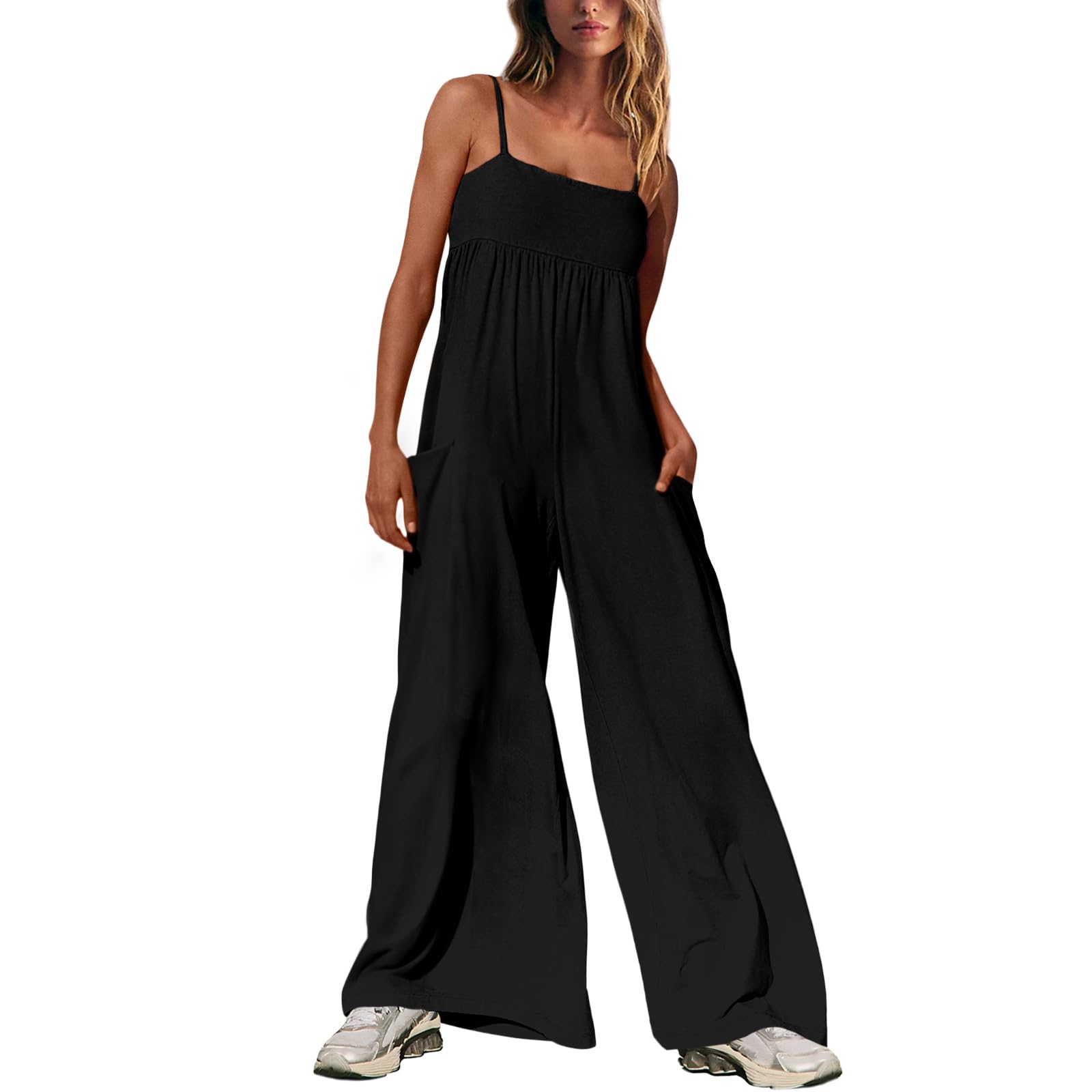 Photo 1 of TURVAND Jumpsuits for Women Casual Spaghetti Strap Wide Leg Rompers Loose Fit Overalls with Pockets Beach Vacation Clothes