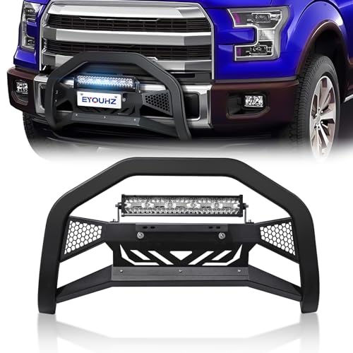 Image of Bull Bar with LED Light & License Plate Frame Compatible with 2004-2024 Ford F150 F-150, Front Brush Guard, Truck Guard Grille, Bumper Push Bar (Include Light Mount & Skid Plate, Black)