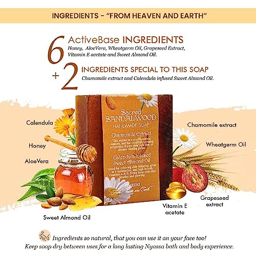 Image of Nyassa Luxurious Sacred Sandalwood Handmade Natural Bathing Soap | Buy 2 get 1 free |Chamomile Extract & Calendula with Organic Sweet Almond Oil |Sandalwood Fragrance | All 75gm