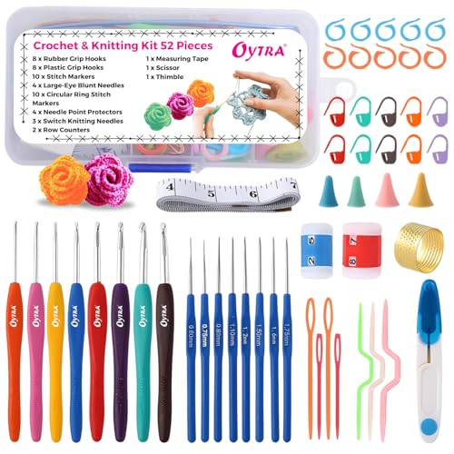 Image of Oytra Crochet Kit 52 Pieces for Beginners with Ergonomic Hooks Knitting Needles Stitch Markers Yarn Needles & Accessories Starter Kit for Adults Kids & DIY Craft Lovers