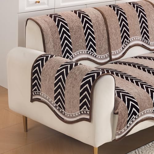 Image of HOKIPO Complete (Seat+Back+Arm) Sofa Mat Set for 2 Seater Sofa |Premium Chenille Sofa Covers with Curve Edges, 'Serene Curves Series' - Nomad Chevron (IN-995+1002+1001 * 2 - D5)