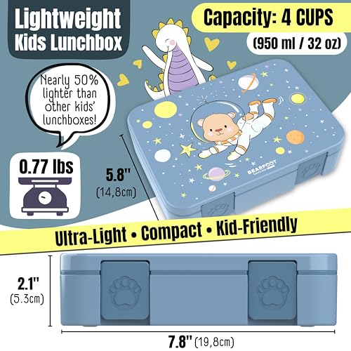 Image of BEARFOOT Kids Lunch Box with Compartments - Compact & Lightweight | Leak-Proof, BPA-Free, Dishwasher Safe | Hand-Drawn Design for Preschool, School, Travel (Astro Bear Blue, 4 Cups) | BPA Free Leakproof Lunch Box with Compartments School & Nursery for Girls & Boys Lightweight & Compact