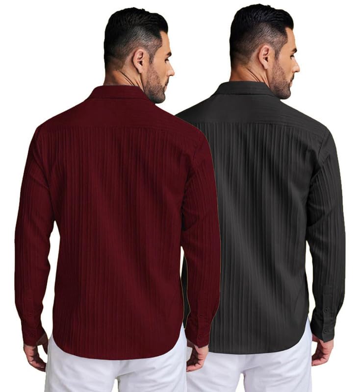 Image of DEELMO Combo of Men's Casual Button Down Shirts Long Sleeve Linen Shirt Fashion Textured Summer Shirts Pack of 2