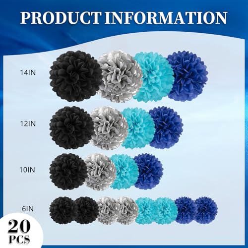 Image of 20 PCS Tissue Paper Pom Poms, Tissue Pom Poms Flowers, Sizes of 6 inch, 10 inch, 12 inch, 14 inch Hanging Paper Flower Ball for Wedding, Birthday, Graduation, Baby Shower Party Decor (Black Silver Blue)