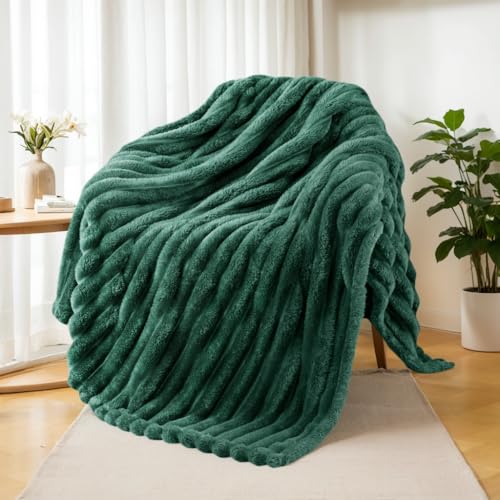 Exclusivo Mezcla Couverture Plaid à Rayures, 130 x 150 CM, Vert Forêt