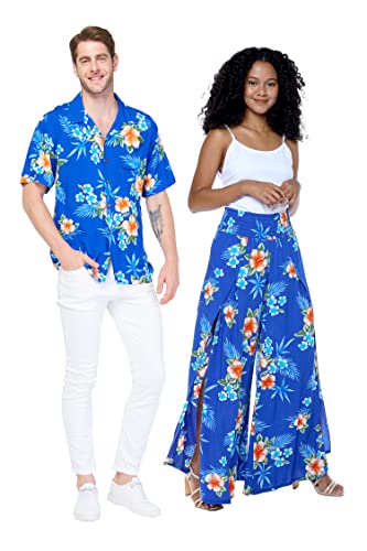 Matchable Couple Hawaiian Luau Shirt or Wide Legged Pants in Pacific Palm Navy