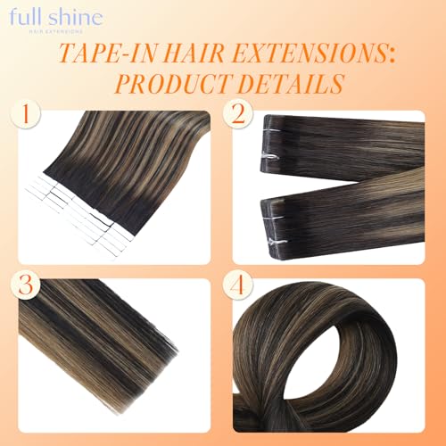 Image of Full Shine Invisible Tape in Hair Extensions Human Hair, Color 2 /8 /2 Dark Brown to Ash Brown Highlights Balayage, Seamless Invisible Remy Tape in Extensions, 20pcs 50g 24 Inch for Thin Hair