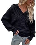 Womens Collared V Neck Knit Sweater Long Sleeve Loose Fall Winter Pullover Tops (Black, Large)