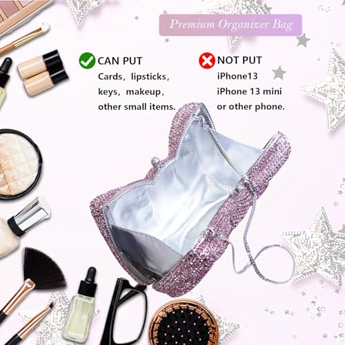 Image of Handmade Inlay Rhinestone Bow Clutch Bag for Women, Sparkling Evening Party Wedding Purse with Detachable Pearl Chain