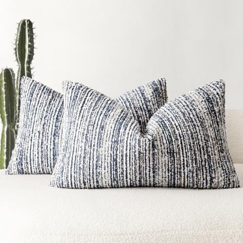 Image of Foindtower Set of 2 Faux Fur Textured Modern Throw Decorative Pillow Covers Lumbar Accent Striped Cushion Sherpa Boho Farmhouse Pillowcase for Couch Sofa Living Room Home Decor 12x20 Inch,Dark Blue