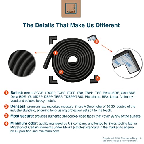 Edge Corner Protector Baby Proofing (Large 15Ft Edge 4 Corners) - Rovingcove Hefty-Fit Heavy-Duty, Soft Nbr Rubber Foam, Furniture Fireplace Safety Corner Edge Bumper Guard, 3M Adhesive, Onyx Black #TOP5