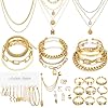46 Pcs Gold Jewelry Set with 11Pcs Necklace, 11 Pcs anklet and 18 Pcs Earring Ear Cuff,6Hoop Earrings for Women Fashion Indie Costume Jewerly Pack for Friendship Party Gift