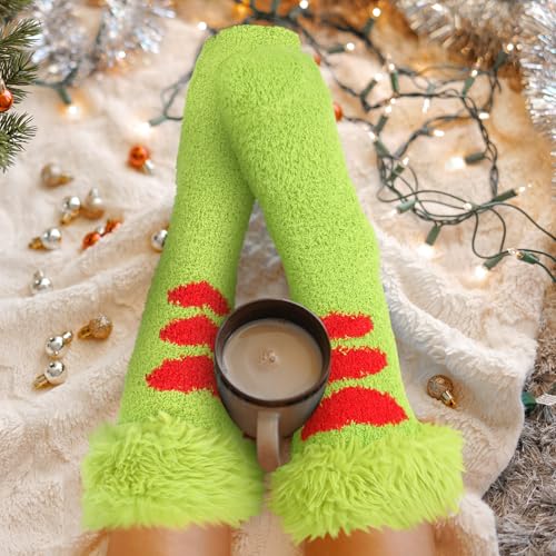 2 Pairs Christmas Lime Green Fuzzy Socks Xmas Plush Knee High Slipper Socks with Furry Faux Fur for Women Men Christmas Winter Gift 6