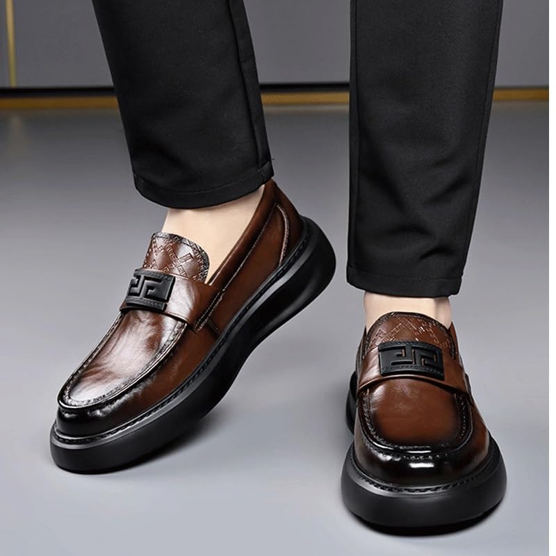 Men's Black/Brown Leather Platform Chunky Slip-On Penny Loafers Comfortable Cowhide Soles Non-Slip Slip-On Walking Shoes3