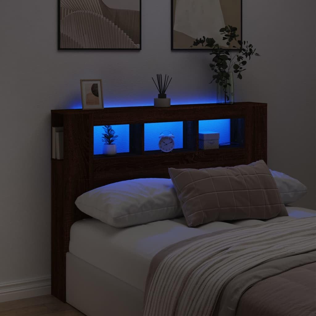 Homgoday Cabecero de cama con luces LED, cabecero de cama con luces LED, cabecero de cama con estantes, cabeceros, accesorios de cama para cama, dormitorio, aspecto de roble marrón, 140 x 18,5 x 103,5