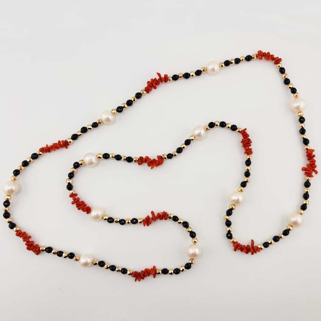 Generico Collana lunga 80 cm sfere in onice nero cupolini in corallo rosso naturale del Mediterraneo ematite e perla naturali di acqua dolce gioiello artigianale da donna ragazza