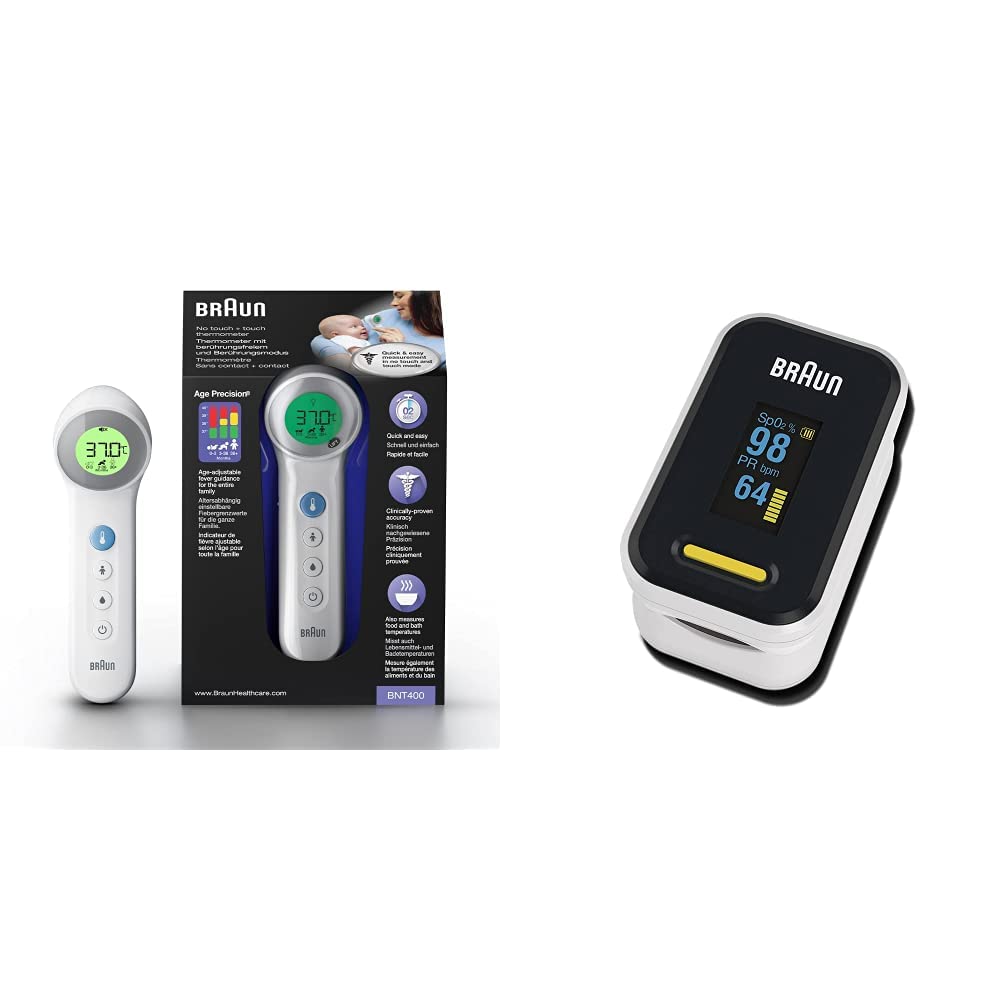Braun Thermomètre Sans Contact + Contact Avec Technologie Age Precision, BNT400WE Blanc & Oxymètre de pouls 1 de (saturation en oxygène, taux d’oxygène sanguin, précision clinique)