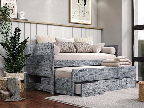 Bedz King All in One Twin Bed with Twin Trundle and 3 Built in Drawers, Weathered Black