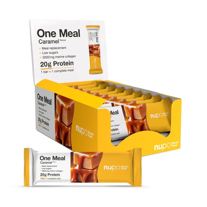 NUPO One Meal Bar – Caramel (15 x 60g) | Leckerer High Protein Mahlzeitenersatz Riegel zum Abnehmen | Low Sugar | Mit 3000 mg Kollagen | Kalorienarme Snacks mit Vitaminen & Mineralien