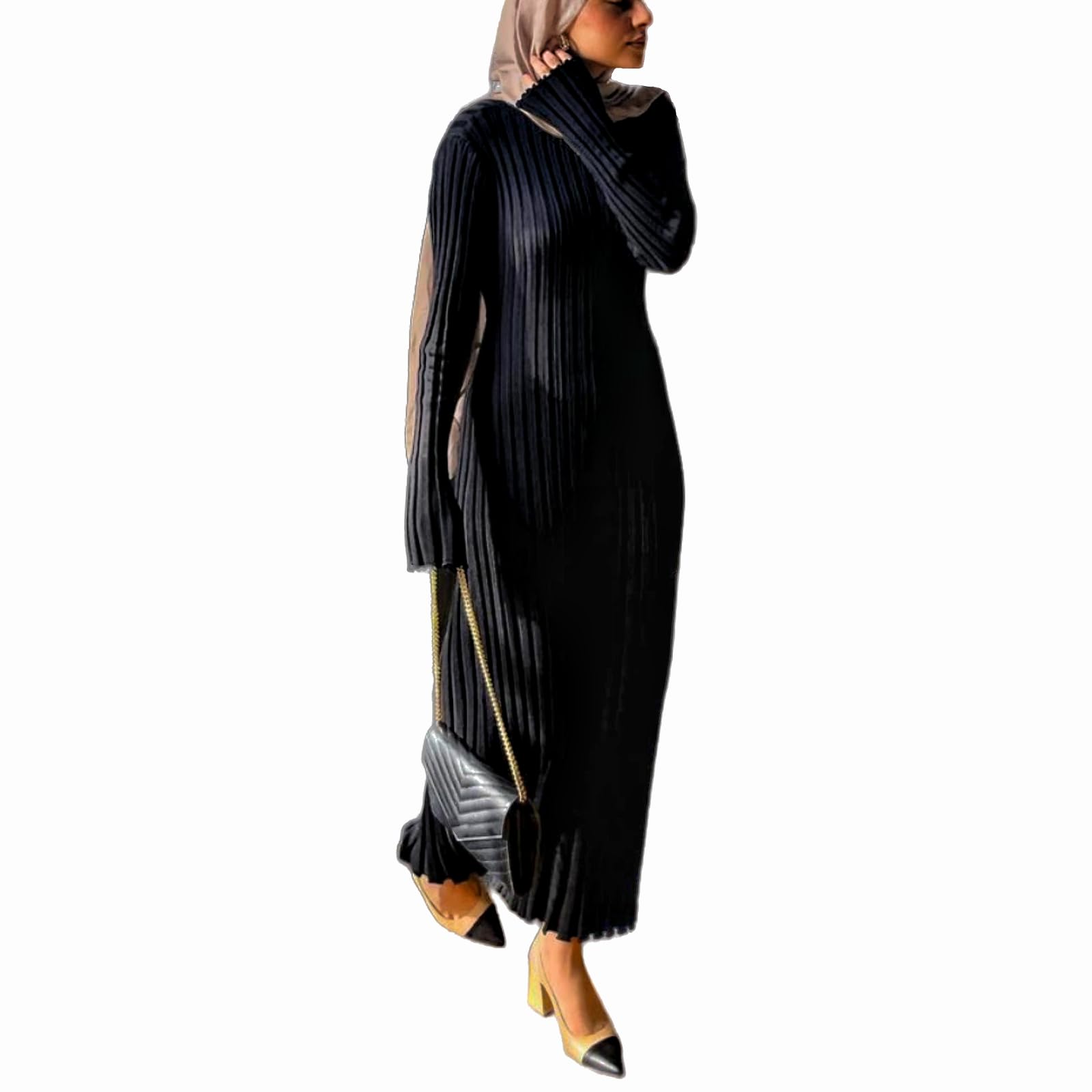 Women Bell Long Sleeve Knit Maxi Dress Crewneck Ribbed Bodycon Long Dress Slim Fit Y2K Sweater Dress Streetwear