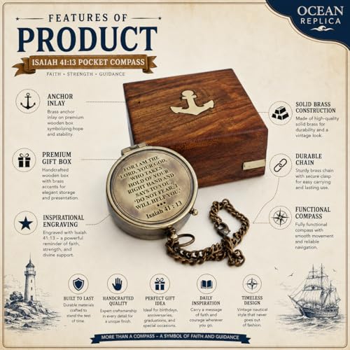 Brújula portátil de latón con estuche de madera grabado miniatura 5