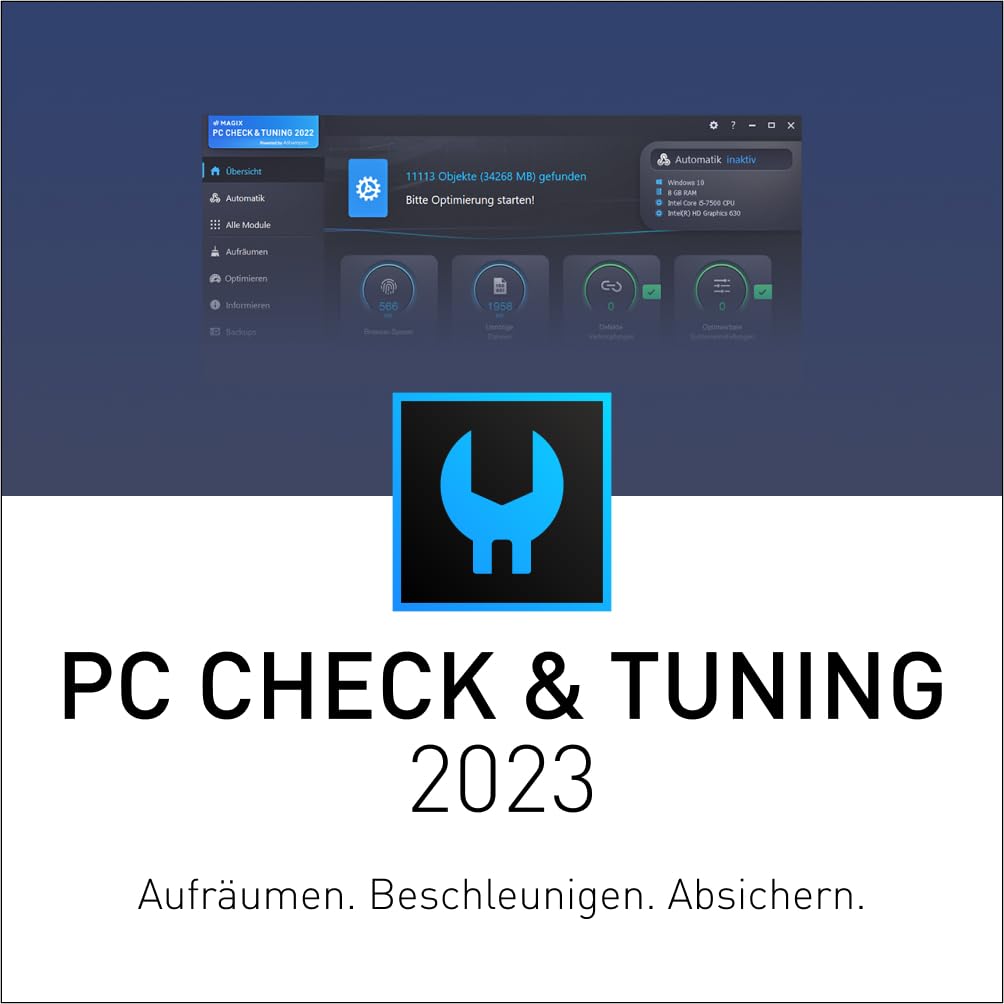 MAGIX PC Check & Tuning 2023 - AUFRÄUMEN. BESCHLEUNIGEN. ABSICHERN. | System Optimierer | PC aufräumen | Optimiert für Windows 10/11 | 2 Aktivierungen - 1-Jahreslizenz-Version